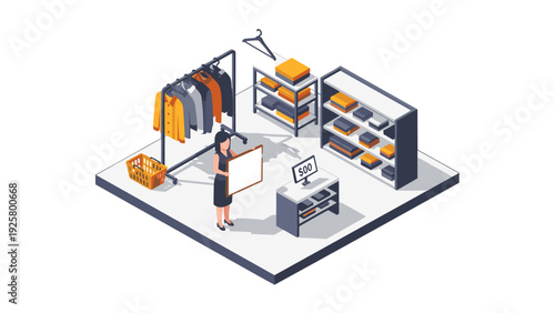 Modern isometric clothing store interior with shelves and customer interaction