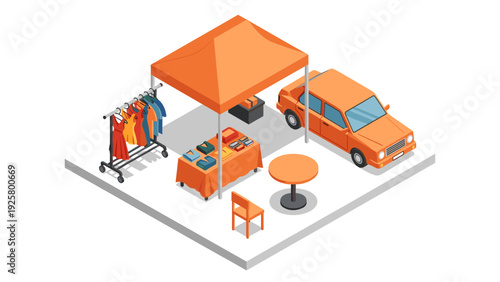 Isometric outdoor market scene with clothes, book table, car, and tent in orange tones