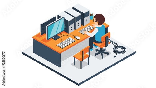 Isometric office workspace with man at desk and computer setup