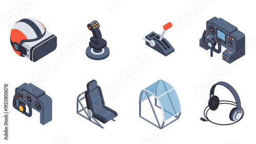 Isometric virtual reality and gaming equipment icons set
