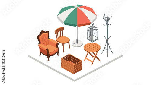 Vintage furniture and accessories arrangement in isometric style