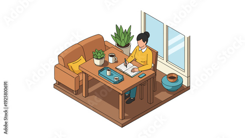 Cozy isometric home office with woman writing near window