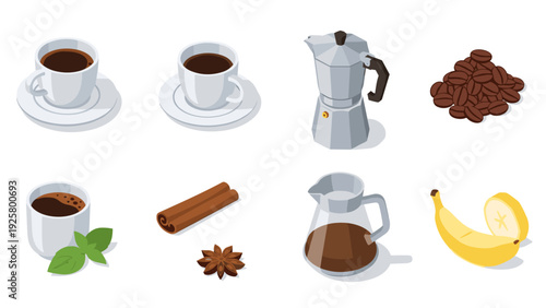 Isometric coffee elements set with cups, beans, and kitchenware