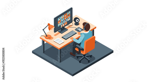Isometric home office setup for virtual meetings with modern desk and computer