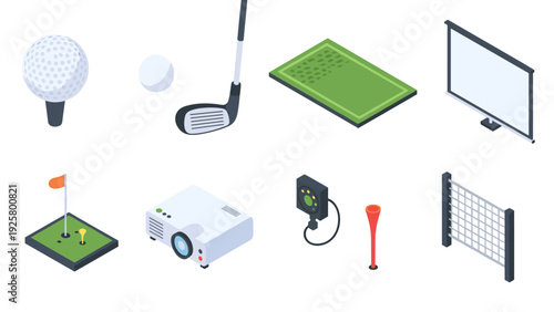 Isometric golf equipment and accessories collection set for courses and sports venues