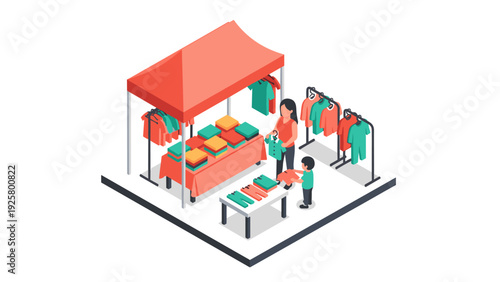 Isometric outdoor market scene with clothing stall and customers
