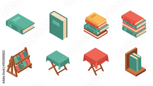 Isometric book and table objects collection in retro style