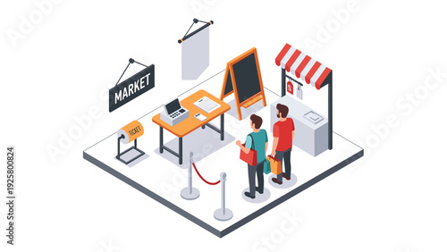 Isometric market checkout scene with customers and kiosk in 3d style