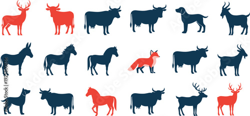 Large set of colorful animal silhouettes featuring deer, cow, horse, dog, goat, and fox isolated on white background for farm and wildlife graphic design