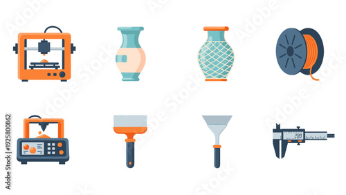 Modern 3d printing and pottery icons in flat design for creative projects