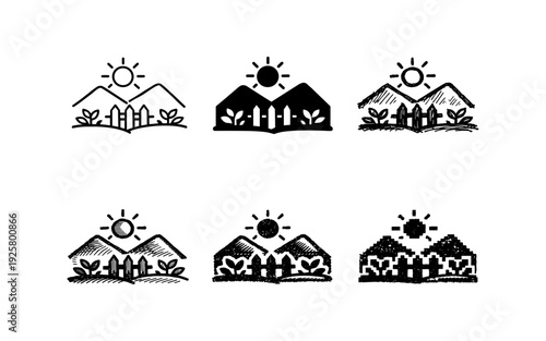 Collection of hand-drawn icons depicting houses, fences, plants, and the sun