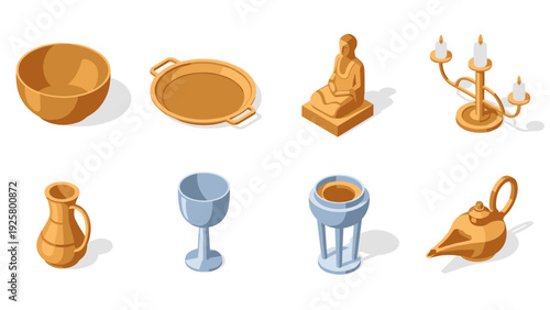 Isometric antique objects: bowls, statues, candelabras, and more