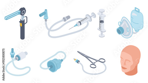 Medical devices and tools set for surgery and patient care in isometric design