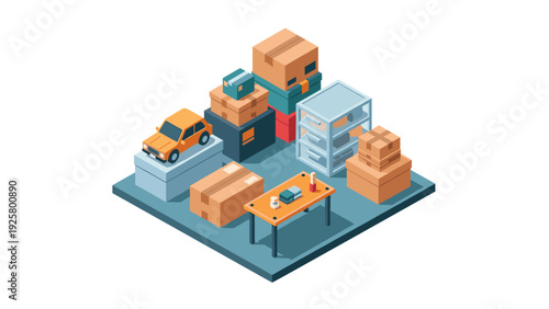 Isometric warehouse storage scene with cardboard boxes and shelving units