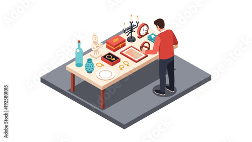 Man browsing antiques on display at isometric indoor market