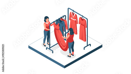 Two women shopping together and choosing dresses in isometric style clothing store