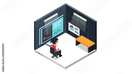 Isometric home office setup with programming workspace and modern decor
