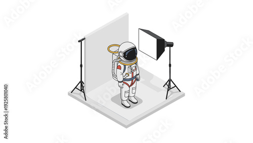 Isometric astronaut in photography studio with lighting equipment