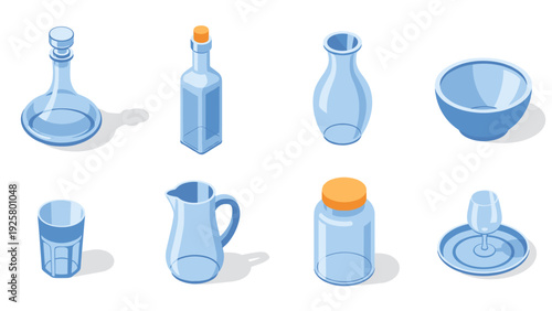 Isometric glassware collection: bottles, vases, glasses, and bowls in soft blue tones