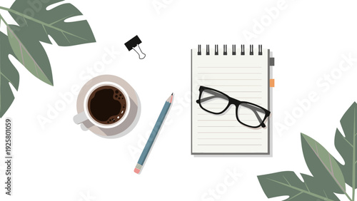 Minimalist workspace with notebook, coffee, and glasses on white background