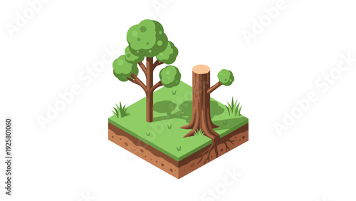 Isometric nature scene with tree and stump on grass terrain