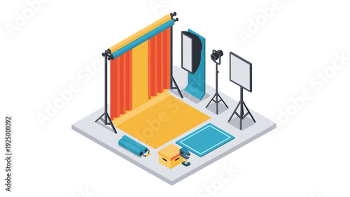 Isometric home photography studio setup with equipment and backdrop