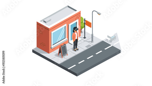 Isometric urban scene featuring a man with vr headset on city sidewalk