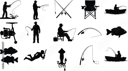 Set of black fishing silhouettes featuring fishermen in boats and on shore with rods reels fish and squid isolated on white background for outdoor design