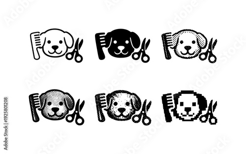 Set of dog grooming icons featuring combs and scissors in various artistic styles