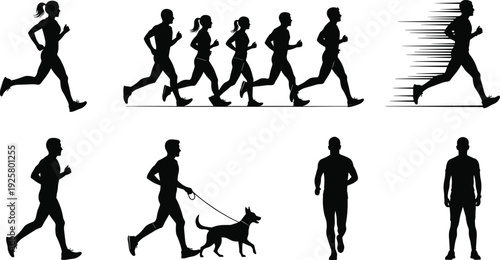 Set of black running silhouettes featuring men and women jogging in various poses, sprinter at full speed, and person running with a dog on white