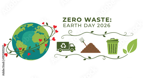 Earth Day 2026 zero waste icons, globe with recycling symbols vector