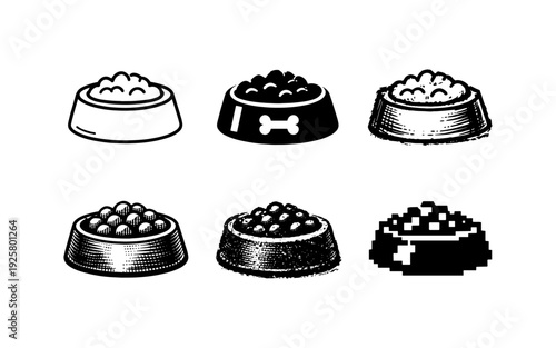 Collection of six different dog food bowls with kibble, various styles