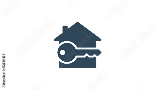 House icon combined with a key symbol representing home security and ownership in a minimalist design studio shot on white and transparent