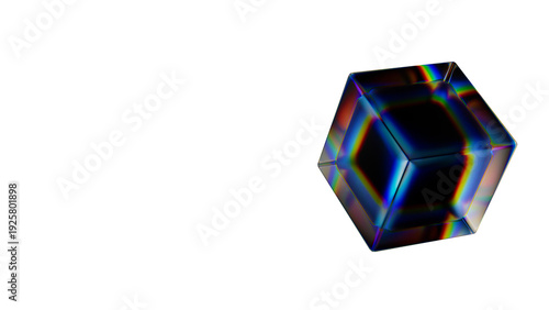 Abstract 3D Glass Cube with Iridescent Rainbow Refraction and Dispersion on Black Background