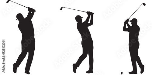 A black silhouette of a golfer swinging a golf club in various positions on a white background