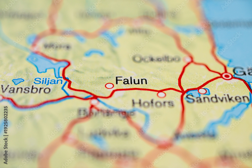 Obraz premium Detailed road map showing Falun and Sandviken Sweden.