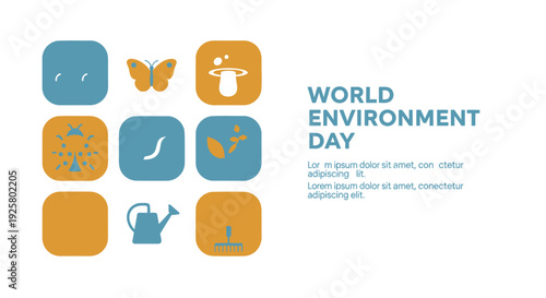 World Environment Day icon set. Includes eco, conservation, and green icons. Created in flat style with blue and orange palette.
