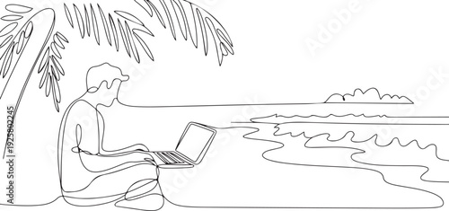 Man on the beach with a laptop in continuous one line art style. Remote work concept. one line art icon drawing vector