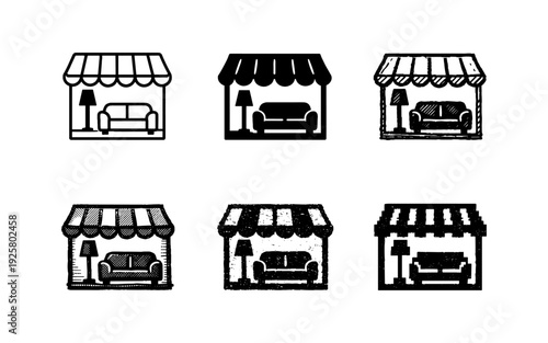 Collection of furniture store icons with sofas and lamps in various styles