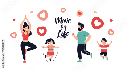 Family fitness icon set with heart motifs