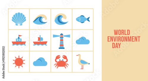 World Environment Day icon set. Includes eco, nature, and conservation symbols like sea shell, wave, fish, lighthouse, crab, seagull. Created in flat style with blue and orange palette