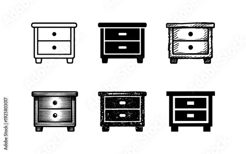 Collection of six different styles of nightstand icons and illustrations