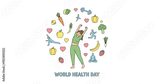 World Health Day icon collection. Includes fitness, nutrition, wellness, and health symbols. Created in colorful flat style with blue and green palette