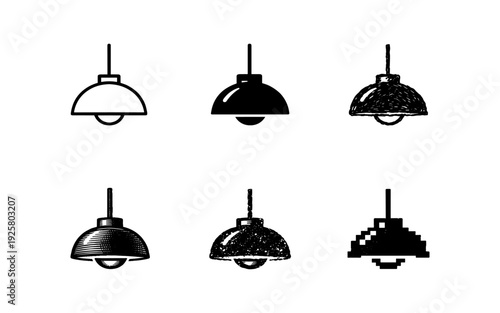 Collection of six different pendant light icons in various artistic styles
