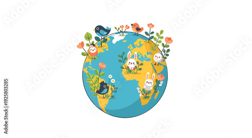 Earth globe icon with flowers and animals vector