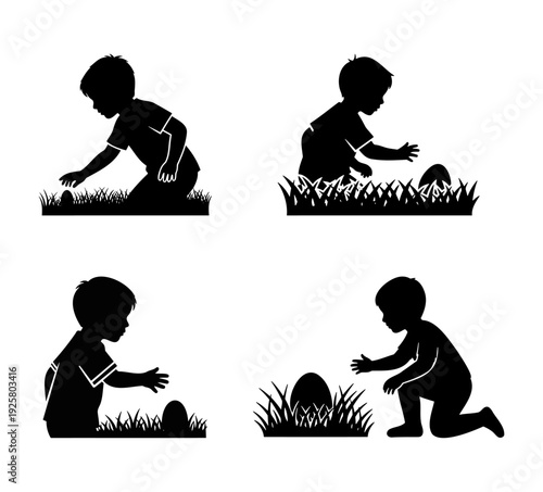 Silhouettes of children playing with Easter eggs for holiday marketing campaigns and school event banners