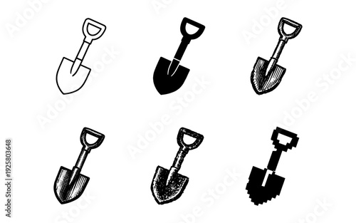 Collection of six different shovel icons and illustrations in various styles