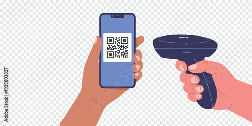 Hands Holding Smartphone with QR Code Scanner Isolated on Transparent Background Digital Payment Concept