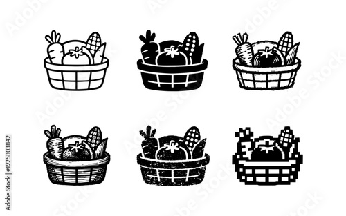 Collection of six different basket icons filled with fresh vegetables and fruits
