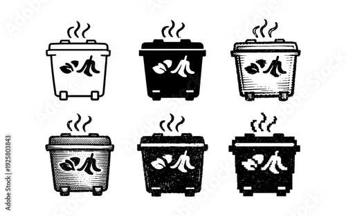 Collection of compost bin icons with steam indicating organic waste processing